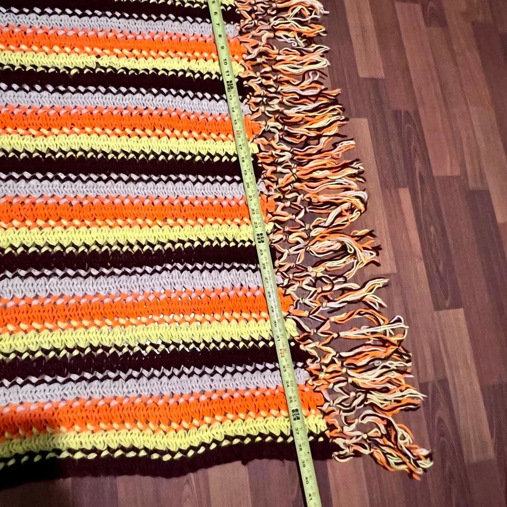 Vintage BOHO Crochet Knitted Afghan Blanket Brown Orange Yellow Retro￼ F…